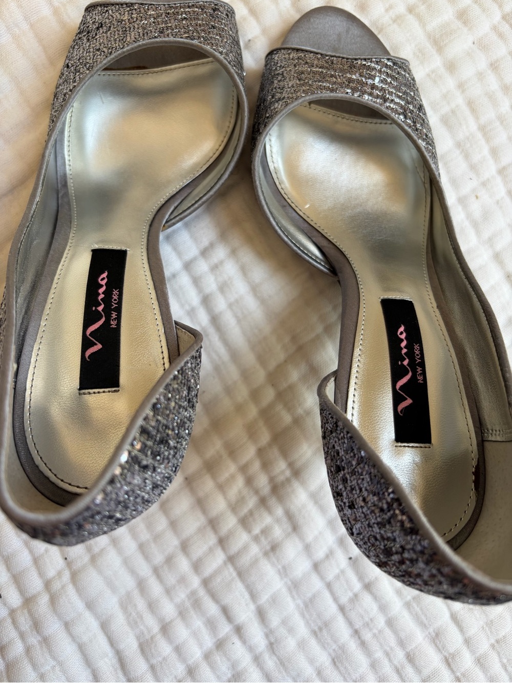 Nina Fern D’Orsay Heels 8 Silver Glitter Peep Toe Stiletto Formal - Picture 8 of 9